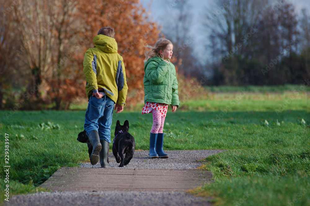 Boy and girl let their dogs out in autumn park. Boy and girl let their dogs out in autumn park.