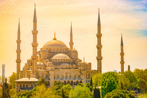 Photography Minarets and domes of Blue Mosque with Bosporus and Marmara sea in background, Istanbul, Turkey