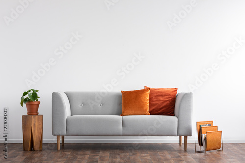 Comfortable couch with orange and red pillow in spacious living room interior, real photo with copy space on the empty white wall photo
