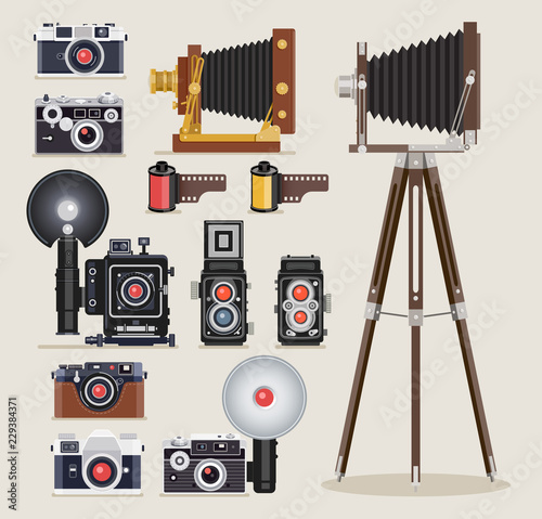 Antique camera flat icons. Vector illustration.
