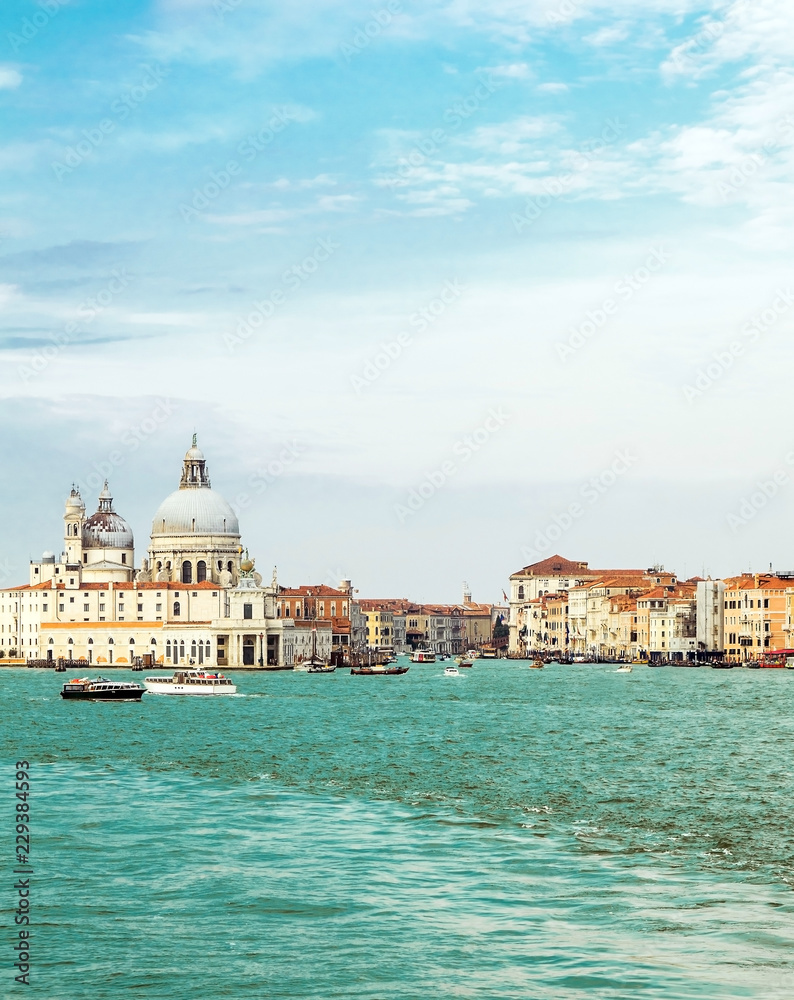Panorama of Venice,Italy,22 October 2018,view from the lagoon to the city of Venice, autumn Sunny day, blue sky with clouds