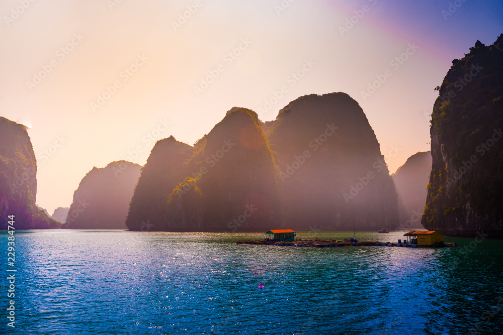 Vietnam Halong Bay beautiful sunset landscape background