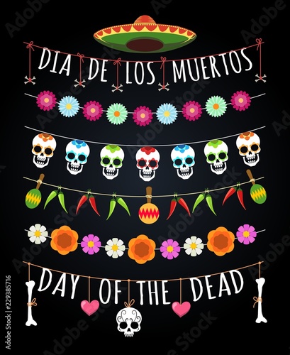 Dead day garlands. Mexican november deads feast borders isolated on black, tribal skulls, flowers and bones design pattern lines, vector illustration