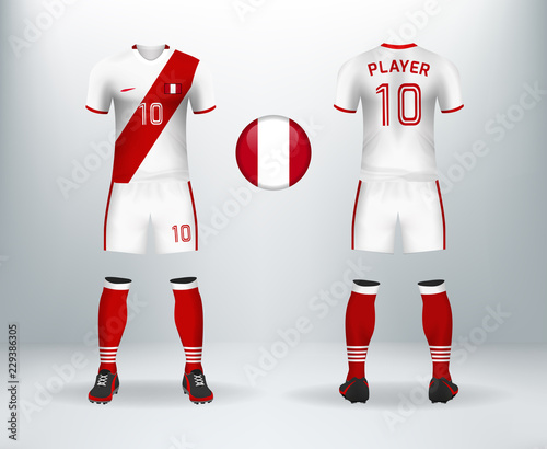 3D realistic of font and back of Peru soccer jersey shirt with pants and Switzerland badge. Concept for national soccer team uniform or football apparel mockup template in vector illustration.