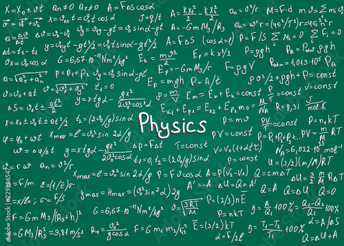 Physics white formulas drawn by hand on a green chalkboard for the background. Vector illustration.