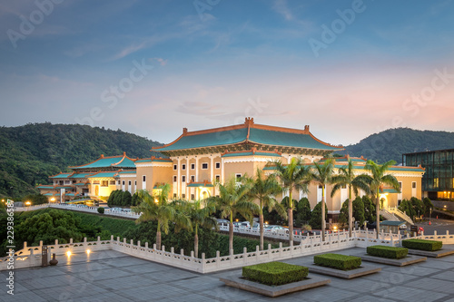 The National Palace Museum at night in Taipei City.