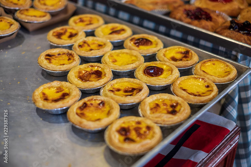 Photography Delicious Asian Egg tart plate for healthy coffee break in the afternoon tea