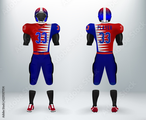 3D realistic mockup of American rugby football jersey uniforms sets. Concept for football apparel mock up template in vector illustration for retail shop.