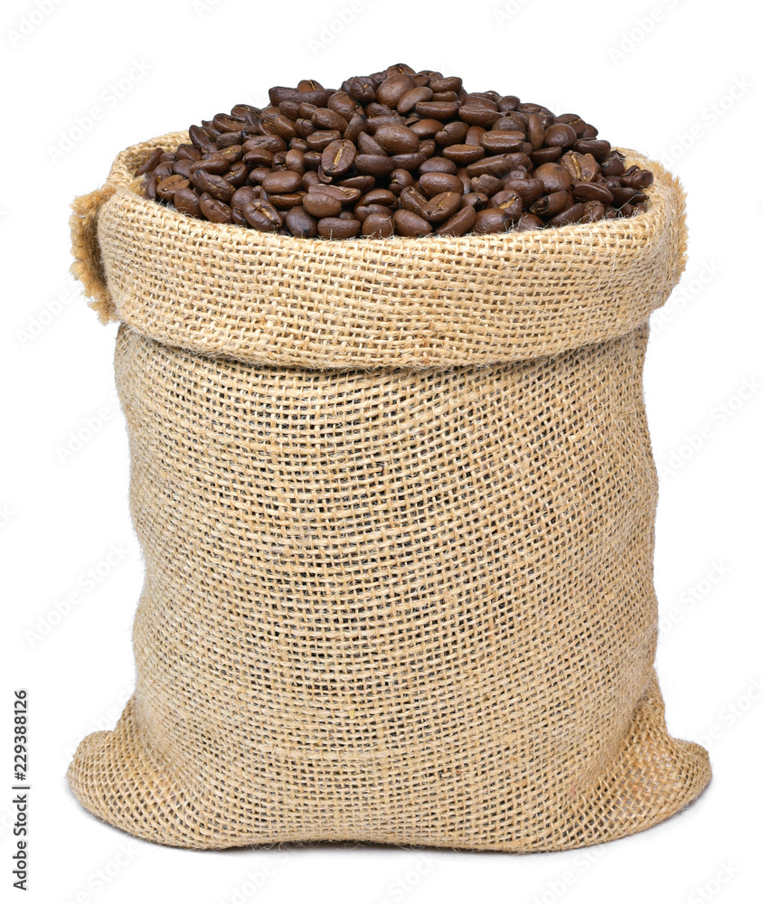 Roasted coffee beans in a burlap sack. Sackcloth bag with coffee beans,  isolated on white background. Coffee export. Stock Photo | Adobe Stock
