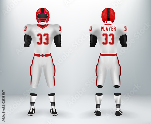 3D realistic mockup of American rugby football jersey uniforms sets. Concept for football apparel mock up template in vector illustration for retail shop. photo