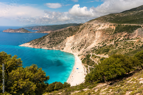 Perfect vacation destination in Greece. Myrthos beach on Kefalonia island at sunny day. 