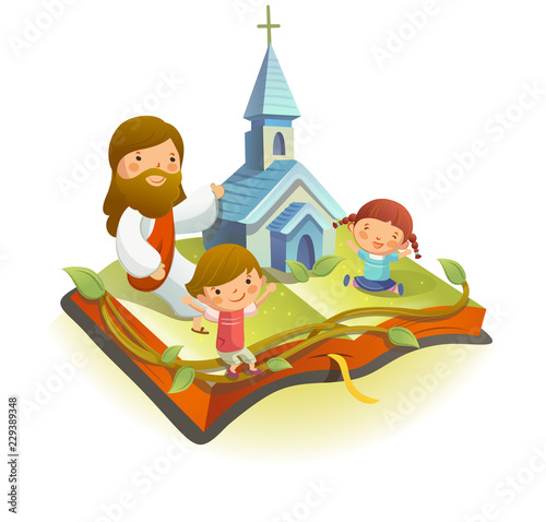 Jesus Christ sitting on a book with two children