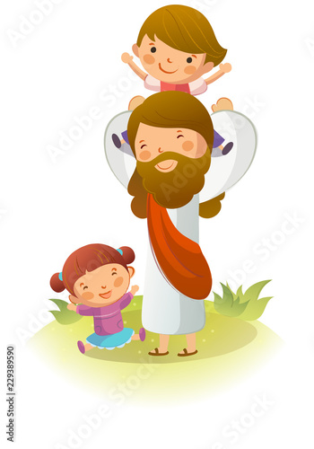 Jesus Christ carrying a boy on his shoulders with a girl sitting on the grass