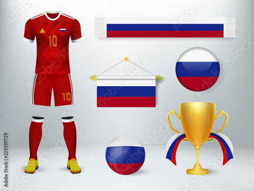 Russia soccer set collection. Concept design of soccer elements with uniform,exchange flag,soccer ball,cheering scarf and trophy cup with flag in vector illustration