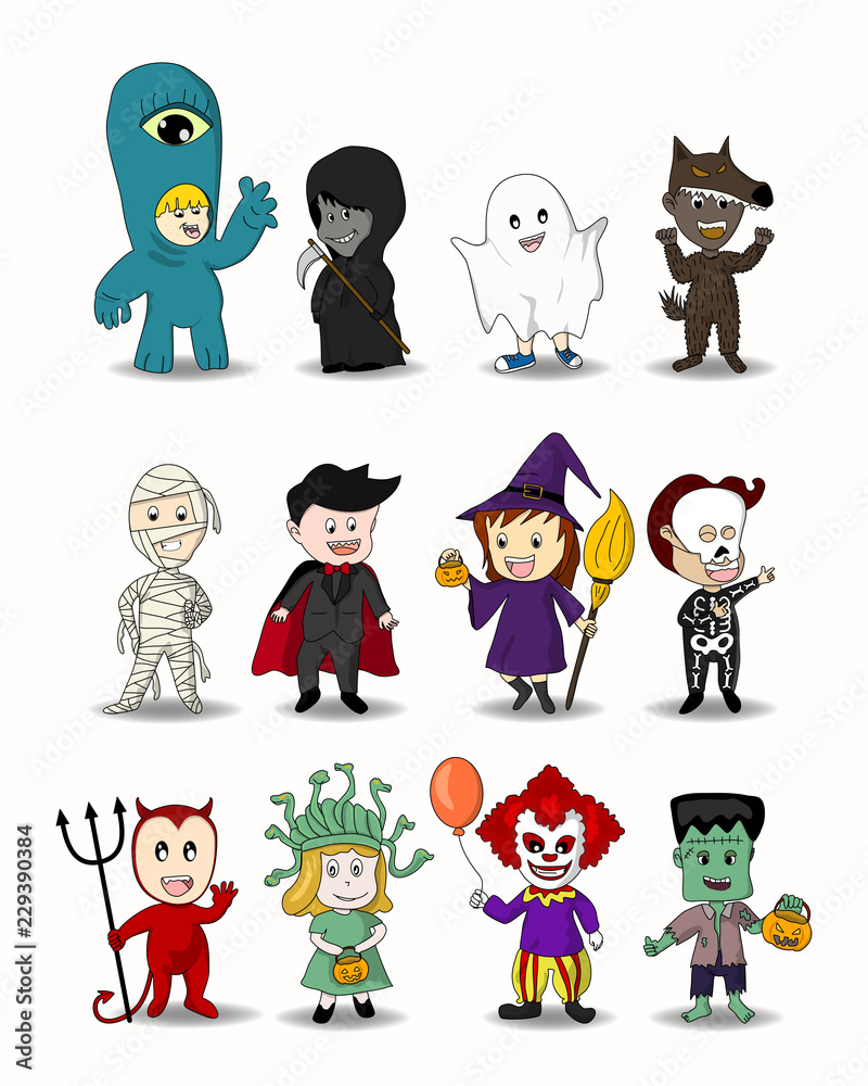 Set of Halloween cartoon characters of kid wear fantasy dressing in ghost  or monster customs to celebrate in halloween party. Design for card, poster  or banner template in vector illustration Stock Vector |