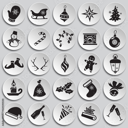 Christmas and new year icons set on plates background