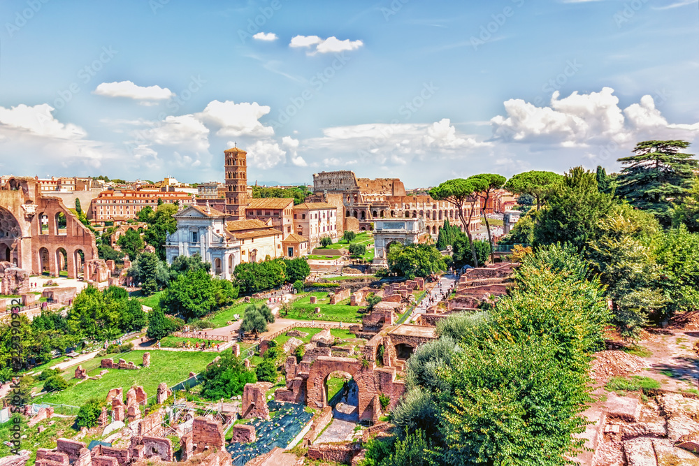 The Roman Forum, the Tower of the Militia and the Coliseum view