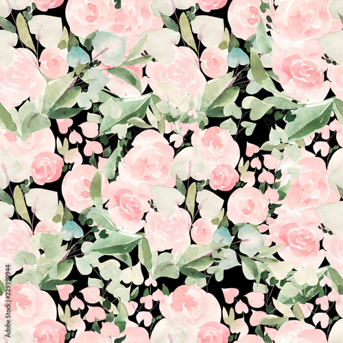 Beautiful bright watercolor pattern with roses and leaves. Illustration