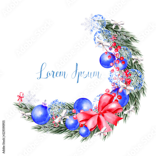 Watercolor Christmas wreath with toys, bow, berries and pine.