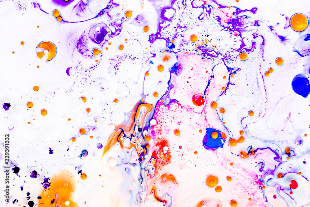Fototapeta premium Abstract background with acrylic liquid textures. Modern artwork with spots and splashes of color paint. Applicable for into coffee packaging, labels, business cards, and interactive web backgrounds