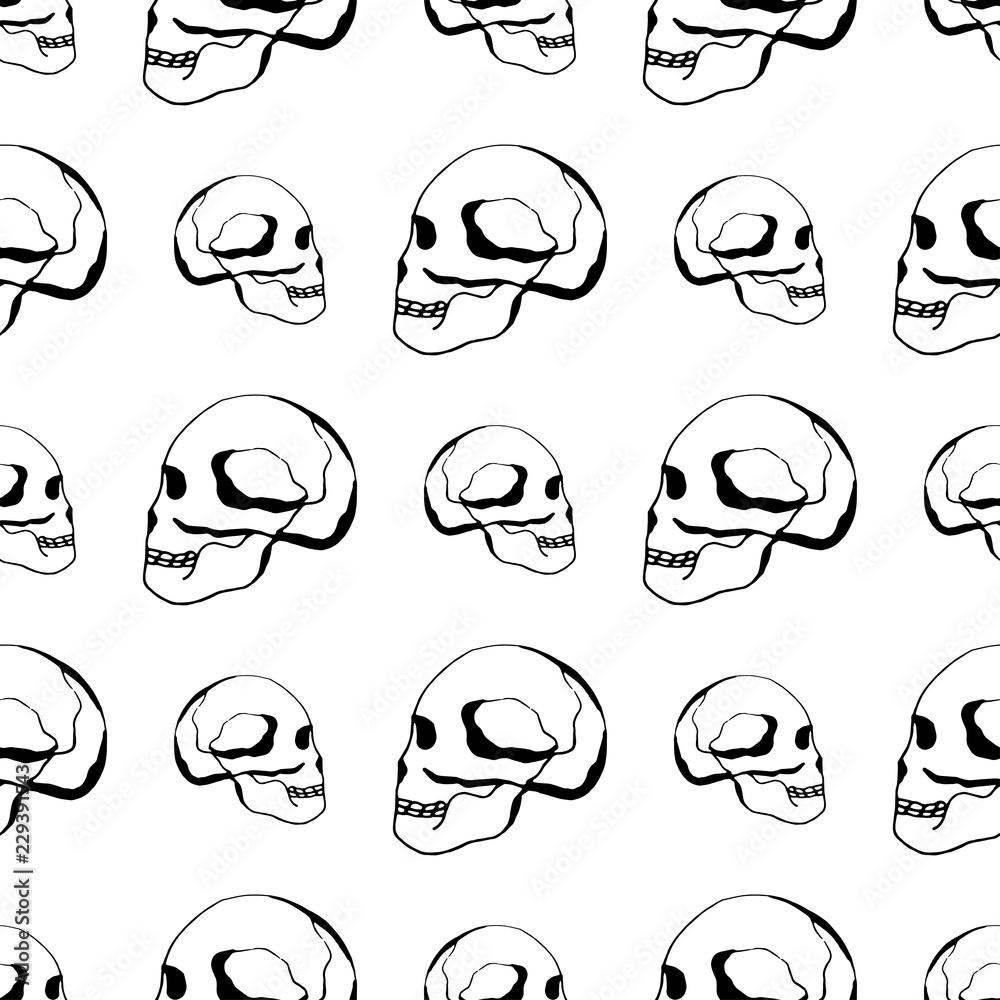 Human skull. Black pattern on a white background. Seamless. Sketch. Human skull. Black pattern on a white background. Seamless. Sketch.
