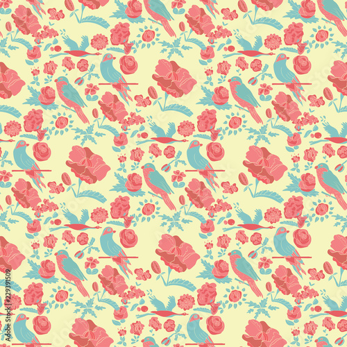 Wallpaper Mural Background, texture with flowers and birds. Seamless. Doodle. Torontodigital.ca