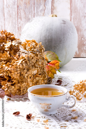 Tea in the rustic vintage Chic style. Garden tea Party. Teapot of dry flowers. Cup of tea with autumn decor on table, with hydrangea and pumpkin photo