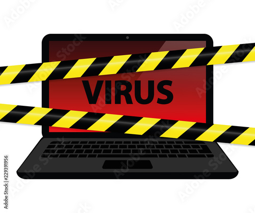 virus inside the laptop with warning tape internet crime
