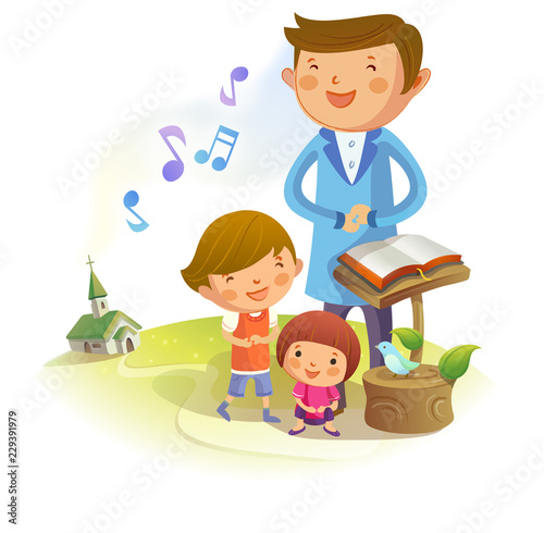 Man standing with his children and singing