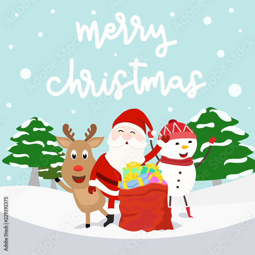 Merry Christmas letter and group of Santa Claus  reindeer and snow man with present gift boxes on the snowy and christmas tree background. square size o Christmas card design in f vector illustration