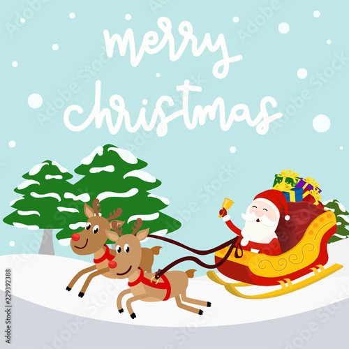 Fototapeta Naklejka Na Ścianę i Meble -  Merry Christmas greeting card. Kindness Santa Claus ring the bell and carry present gift on sleigh with reindeers on snowy and Christmas tree background. vector illustration design in square size