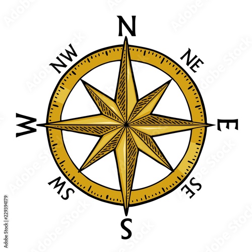 Compass rose isolated on white background. Vector vintage engraving illustration.