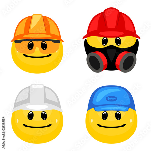 Vector set of worker emoticons. Collection of face icons wearing profession hats and masks in cartoon style on white background.