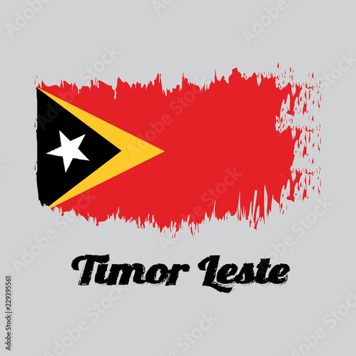 Brush style color flag of Timor Leste, red yellow and black color with white star with text Timor Leste.