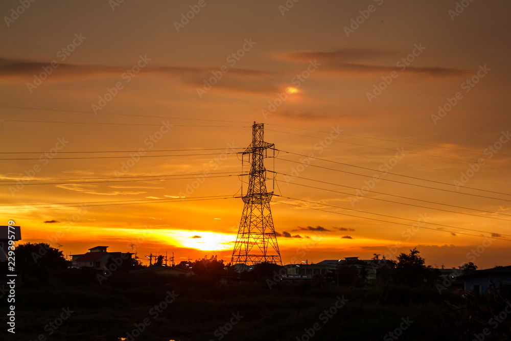 evening of the pylon outline, is very beautiful, silhouette