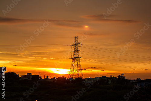 evening of the pylon outline, is very beautiful, silhouette