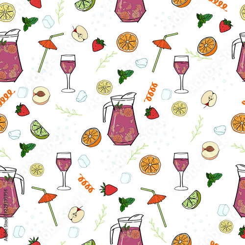 Sangria. Traditional spanish alcohol drink. Seamless pattern with hand drawn jug and glass of fresh Sangria with fruits and decor elements for design, Website, Background, Banner, Menu, Bar, Template.