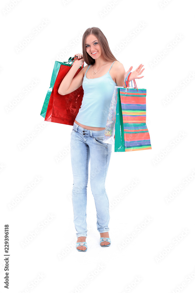 modern woman with shopping bags. isolated on a white background modern woman with shopping bags. isolated on a white background