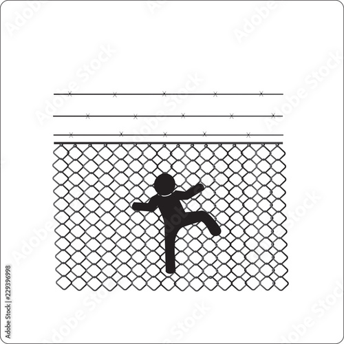 man climbing the barbed wire fence , vector illustration.