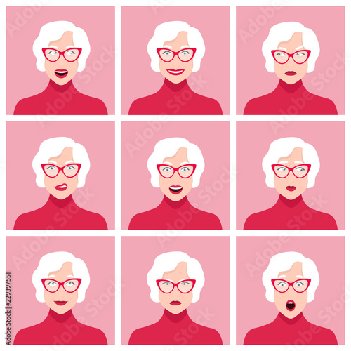 A old woman's face. Different emotions and feelings. Set of portraits. Vector Flat Illustration