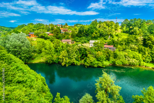 Kupa river landscape Croatia. / Aerial view at colorful landscape in Central Croatia, Kupa river in Europe. photo