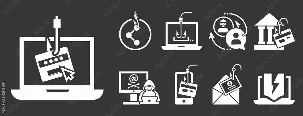 Phishing icon set. Simple set of phishing vector icons for web design on gray background Phishing icon set. Simple set of phishing vector icons for web design on gray background