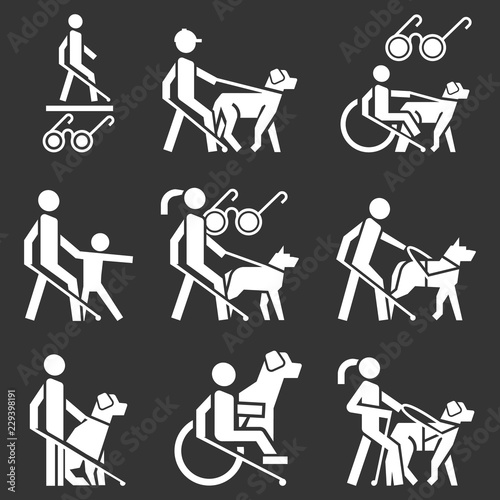 Blind man icon set. Simple set of blind man vector icons for web design on gray background