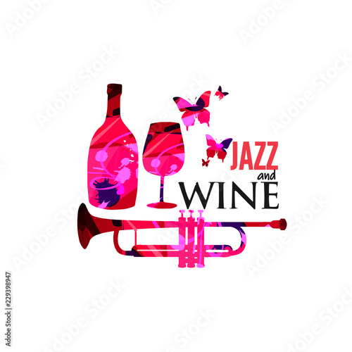 Music and wine colorful background flat vector illustration. Party flyer, jazz music club, wine tasting event, wine festival and celebrations poster for invitation card, menu with wineglass and bottle