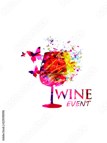 Colorful wine glass background flat vector illustration. Party flyer, wine tasting event, wine festival and celebrations, restaurant poster design for brochure, invitation card, menu, promotion banner