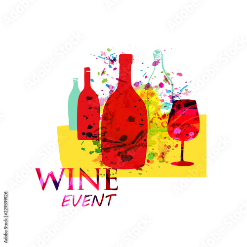 Wine and cocktails colorful background flat vector illustration. Party flyer, wine tasting event, wine festival and celebrations poster design for brochure, invitation card, menu, promotion banner