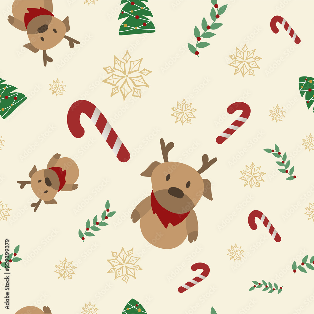 The reindeer and candy cane christmas seamless pattern cream background.