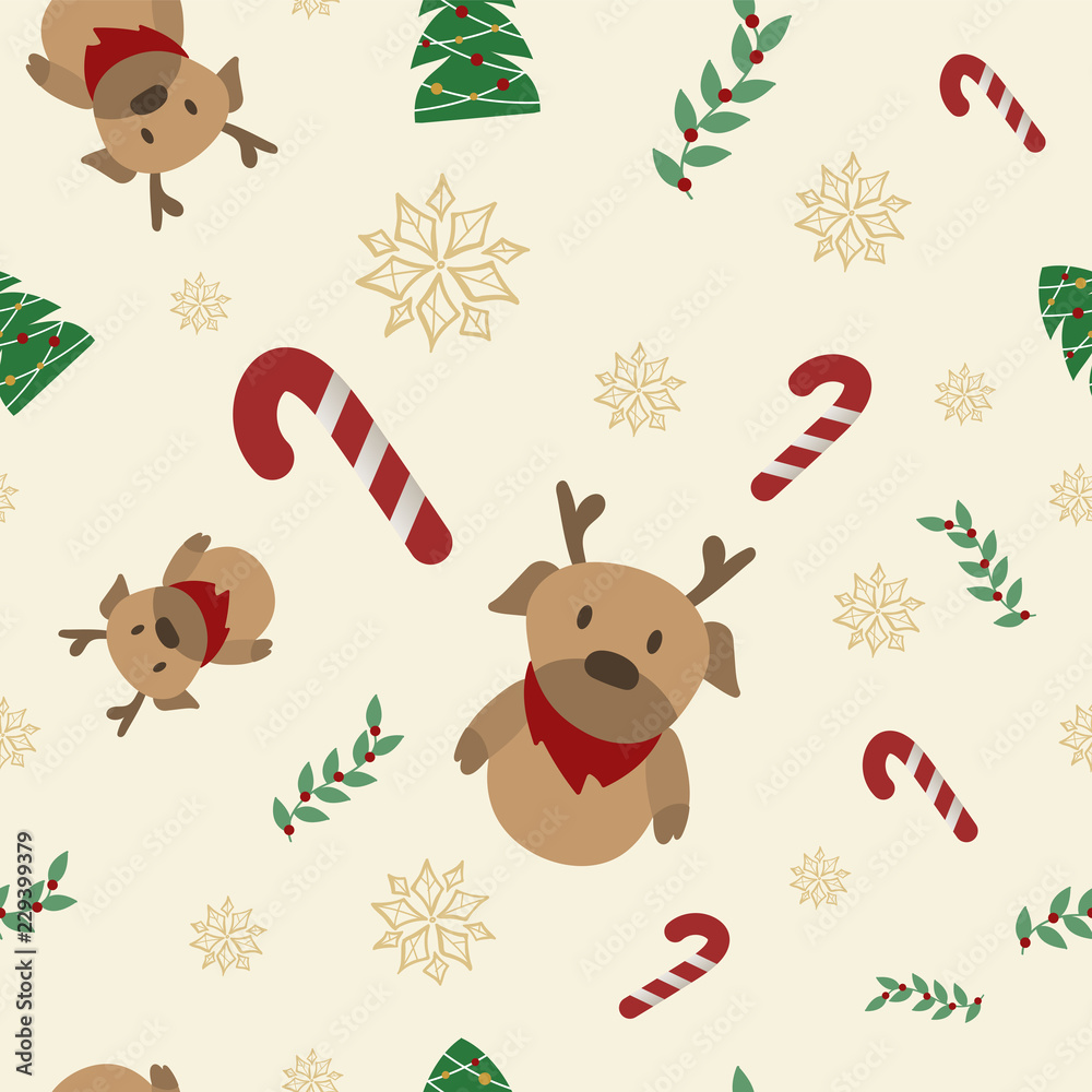 Naklejka premium The reindeer and candy cane christmas seamless pattern cream background.