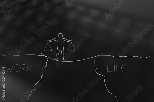 man walking on tight rope holding balanced scale plates and cliffs with work and life texts on them