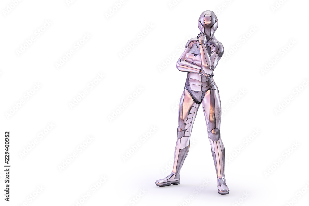 Female robot standing and thinking isolated on white background. Android, humanoid or cyborg artificial intelligence technology concept. 3D illustration Female robot standing and thinking isolated on white background. Android, humanoid or cyborg artificial intelligence technology concept. 3D illustration